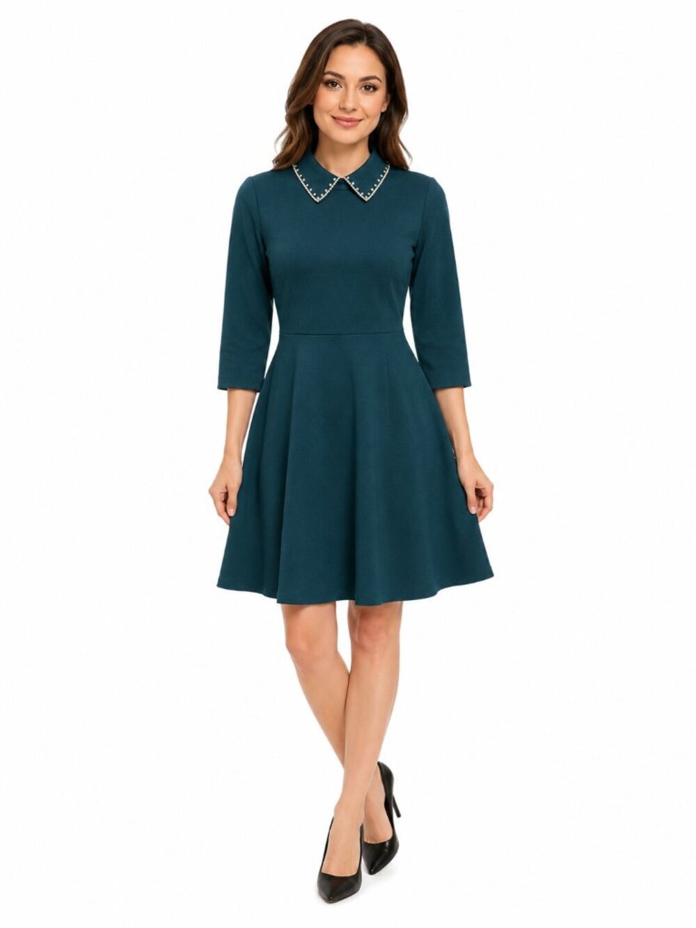 Kate Spade Teal Fit & Flare Dress Rhinestone / Pearl Embellished Collar - XS